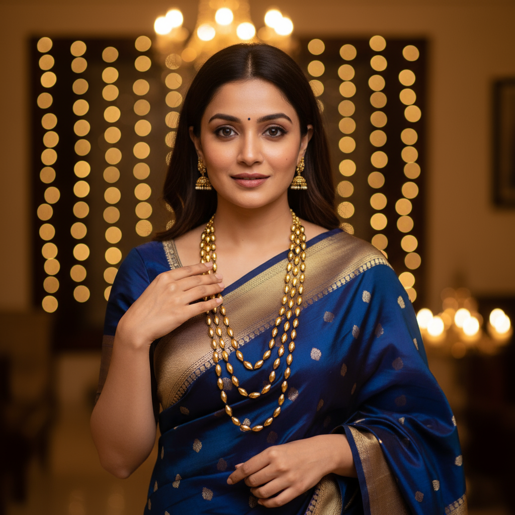 तीन पदरी बोरमाळ लांबट मणी - Bormaal Lambde Mani -3 Layered