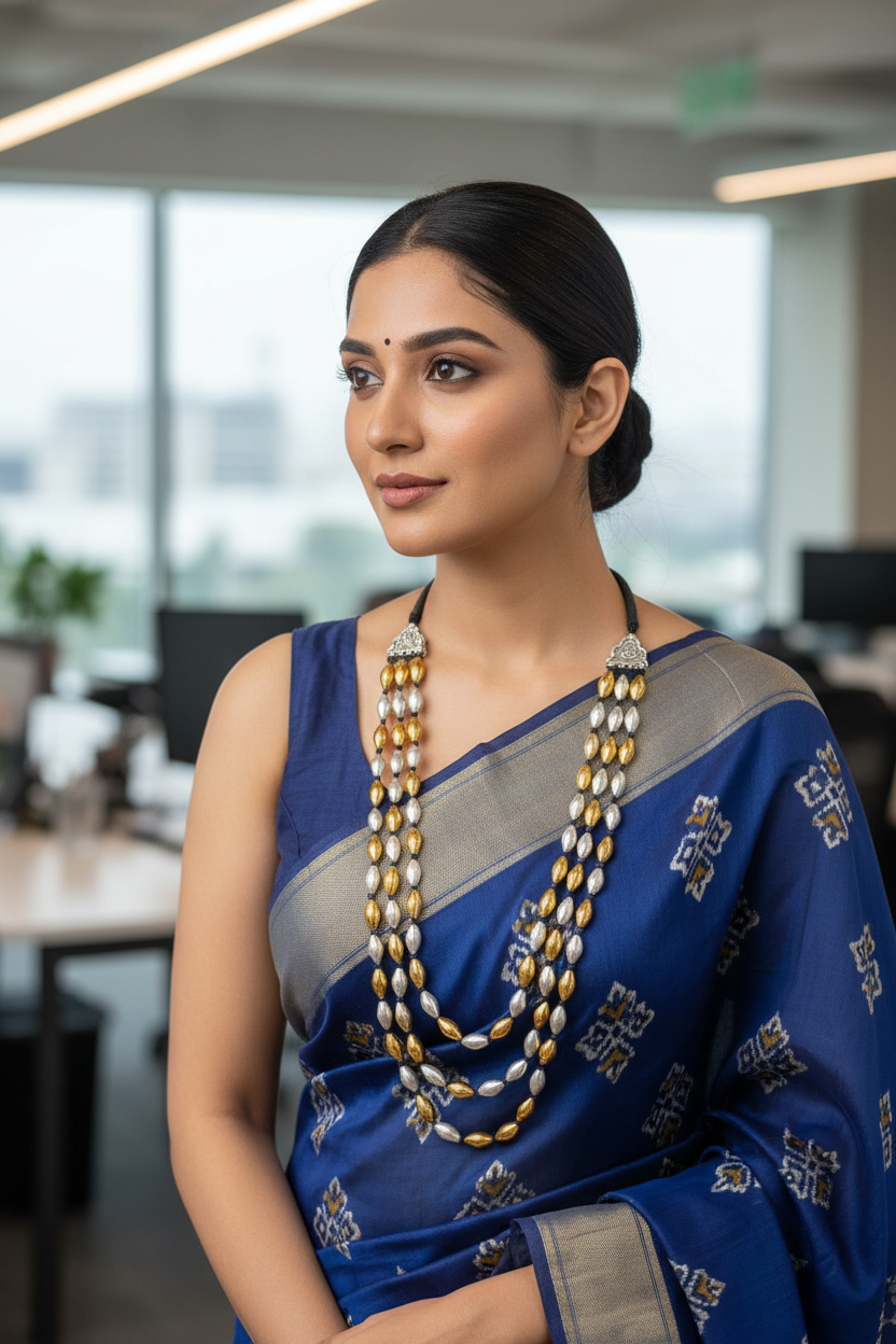 तीन पदरी बोरमाळ लांबट मणी - Bormaal Lambde Mani - 3 Layered